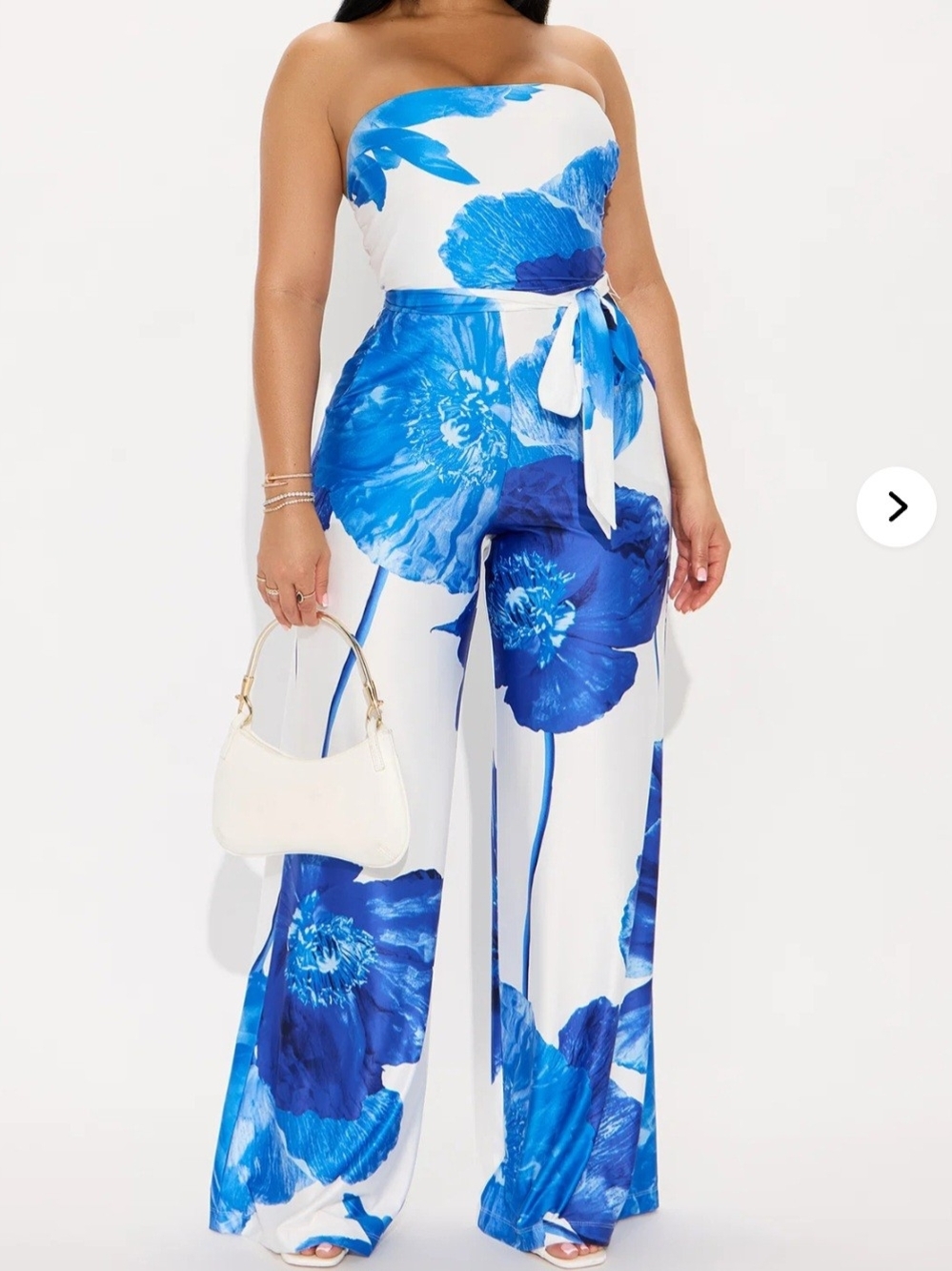 Falling Flower Wide Leg Strapless Jumpsuit - Blue And White
